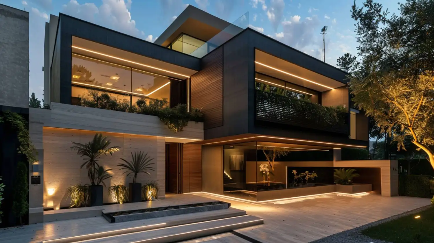 Residência moderna de alto padrão ao entardecer